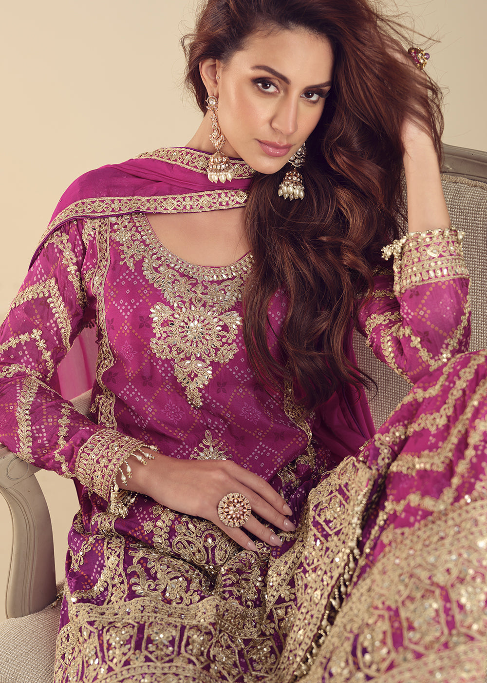 Pinkish Purple Chinon Silk Palazzo Suit with Exquisite Embroidery