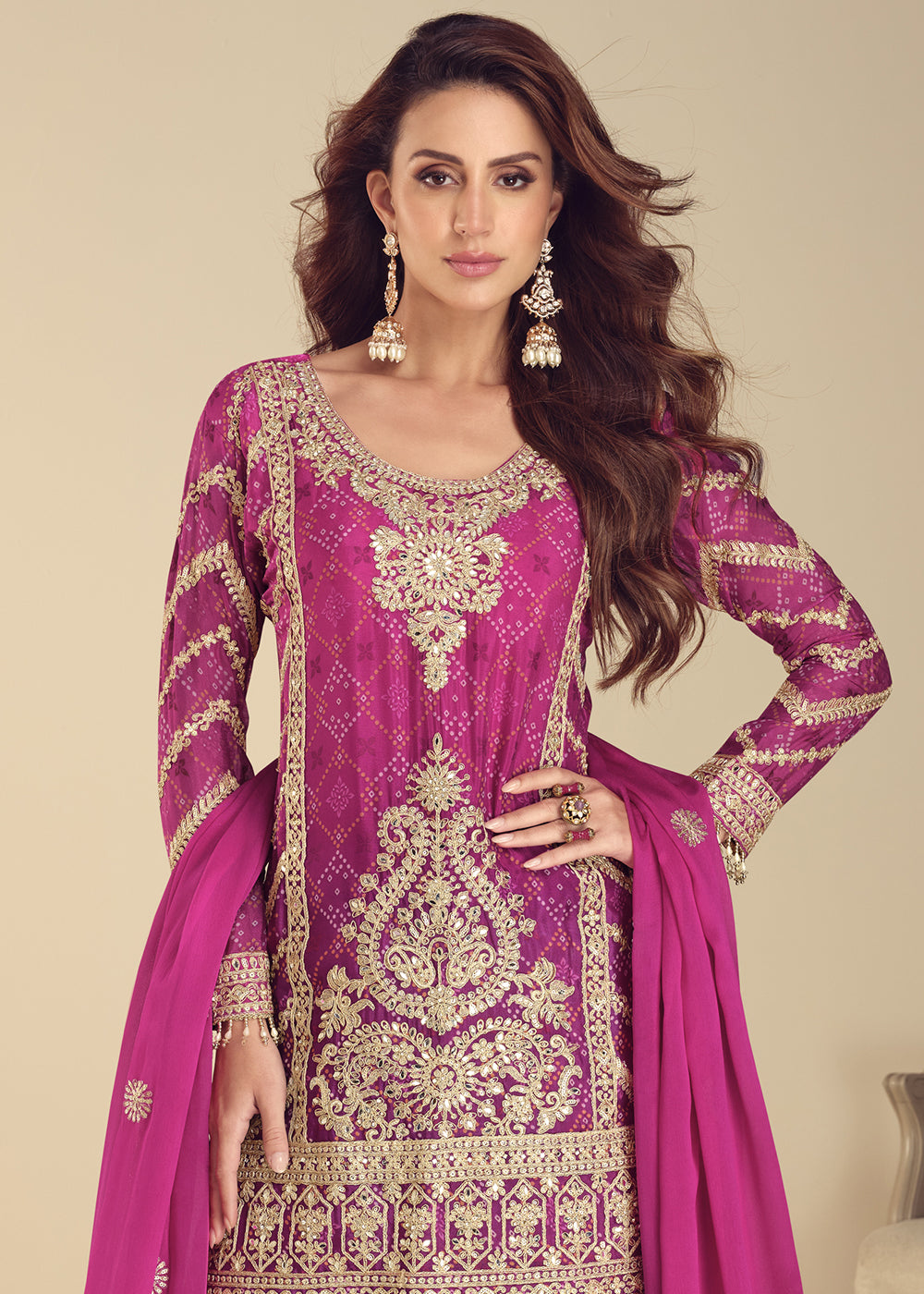 Pinkish Purple Chinon Silk Palazzo Suit with Exquisite Embroidery