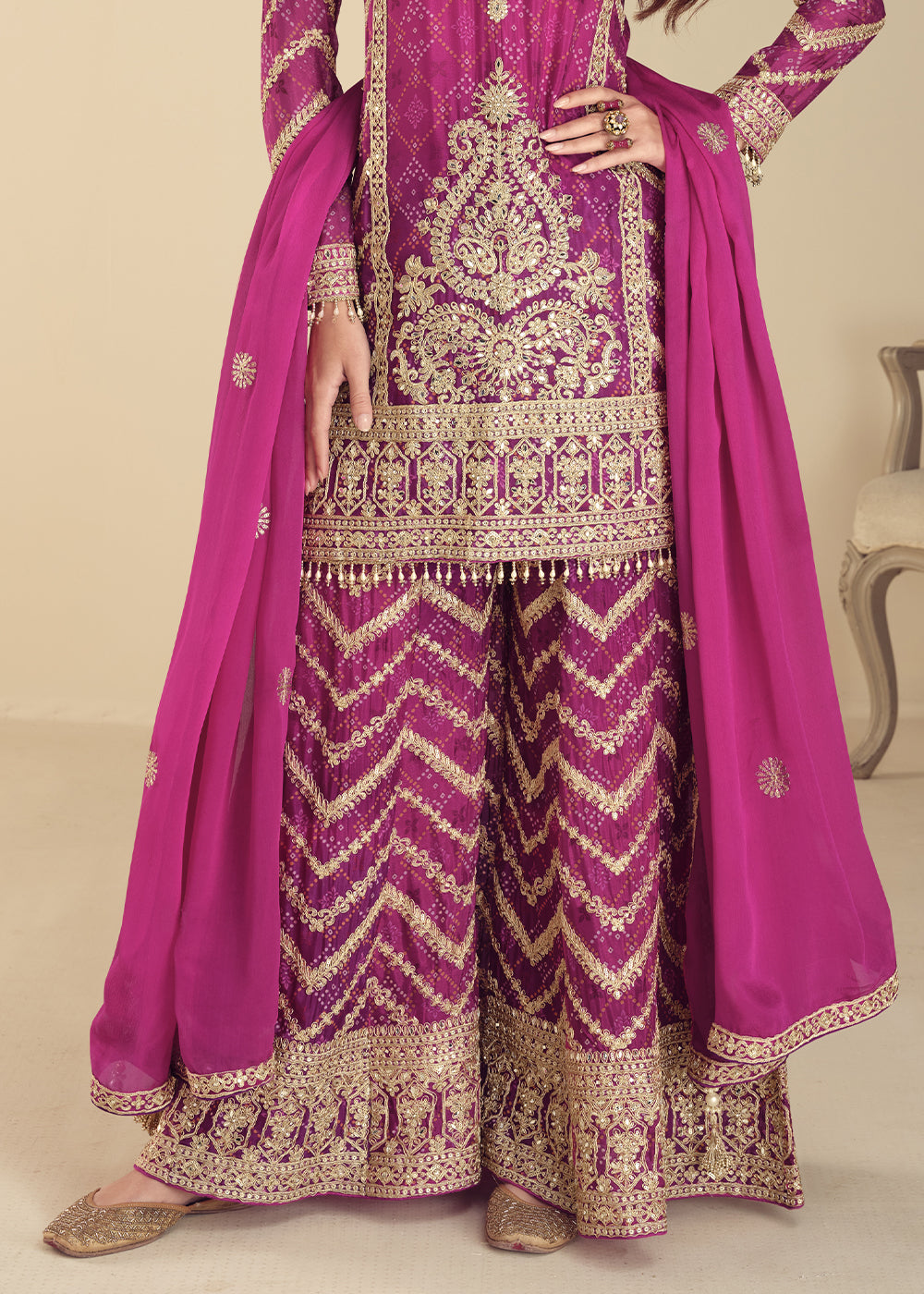 Pinkish Purple Chinon Silk Palazzo Suit with Exquisite Embroidery