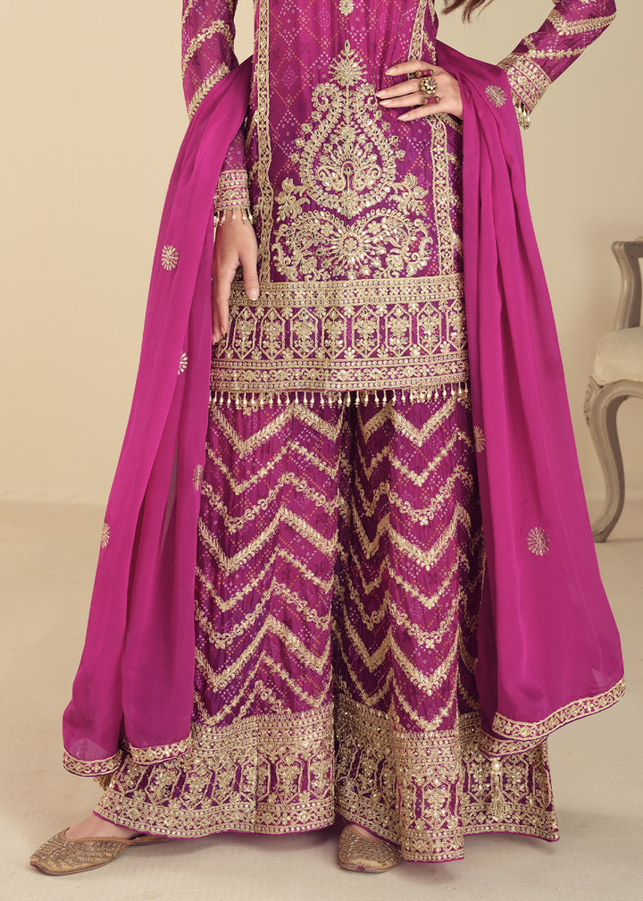 Pinkish Purple Chinon Silk Palazzo Suit with Exquisite Embroidery