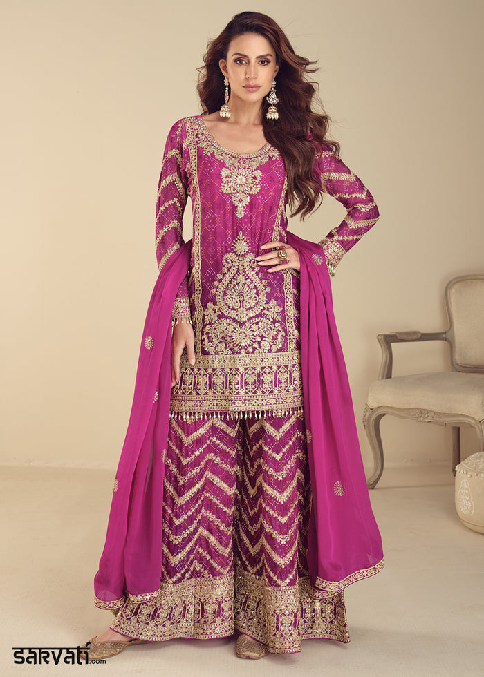 Pinkish Purple Chinon Silk Palazzo Suit with Exquisite Embroidery