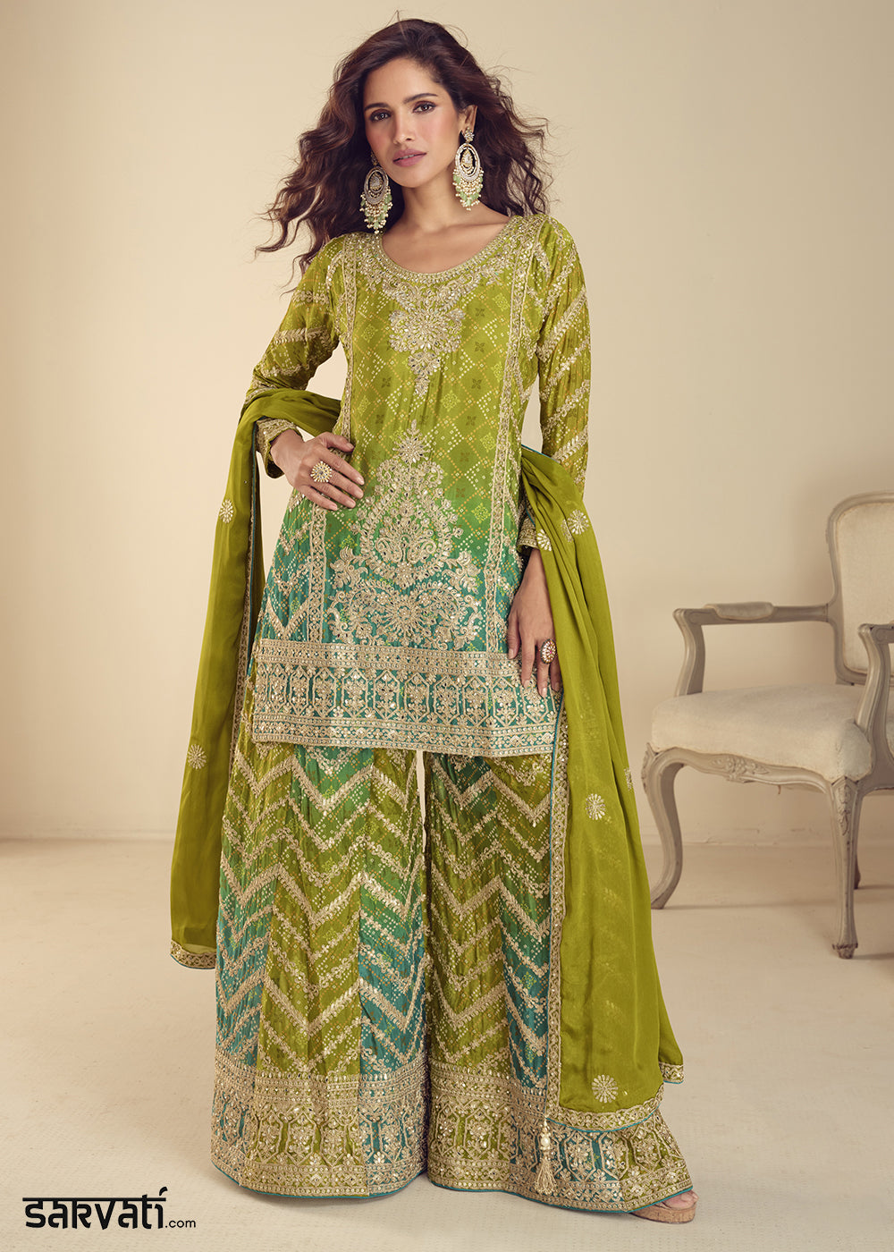 Avocado Green Chinon Silk Palazzo Suit with Exquisite Embroidery