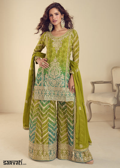 Avocado Green Chinon Silk Palazzo Suit with Exquisite Embroidery