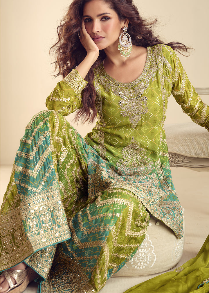 Avocado Green Chinon Silk Palazzo Suit with Exquisite Embroidery