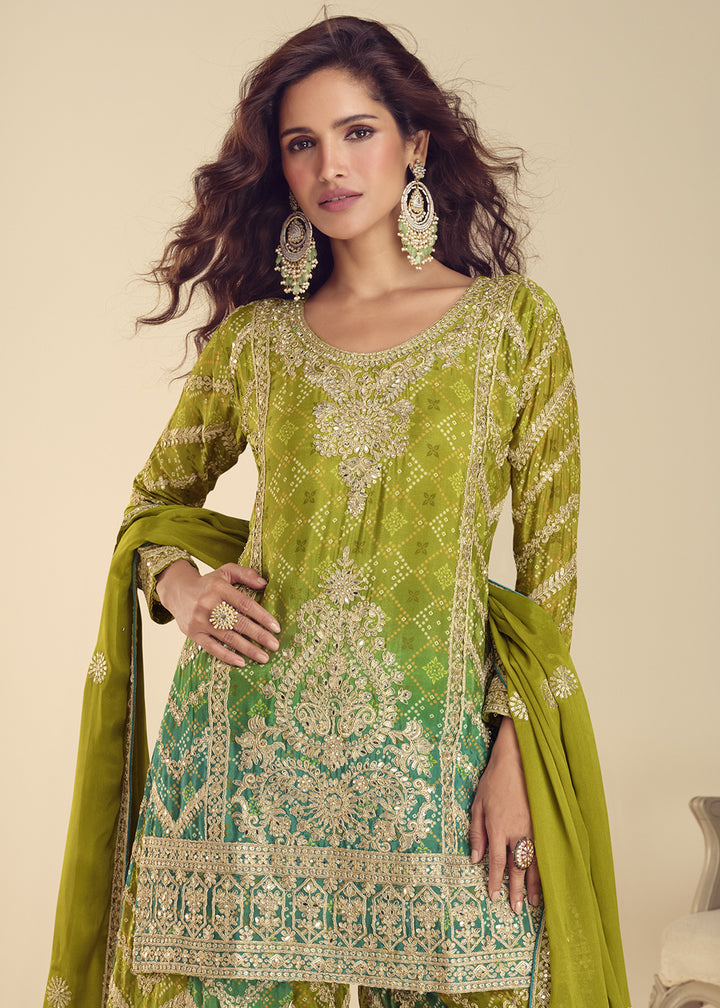 Avocado Green Chinon Silk Palazzo Suit with Exquisite Embroidery