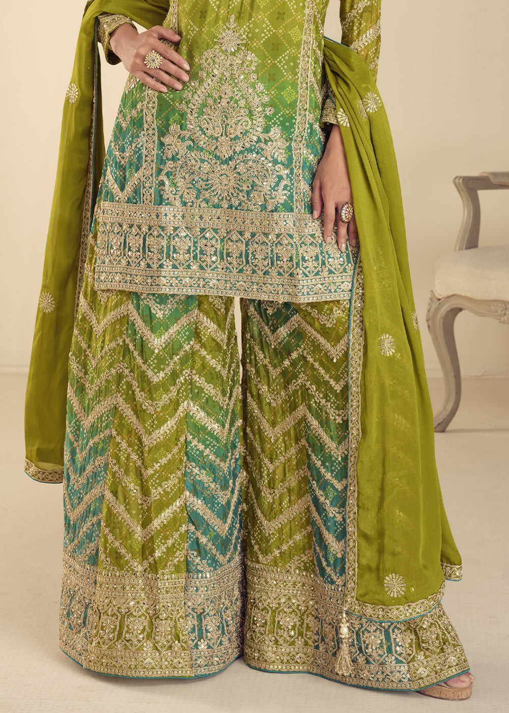 Avocado Green Chinon Silk Palazzo Suit with Exquisite Embroidery
