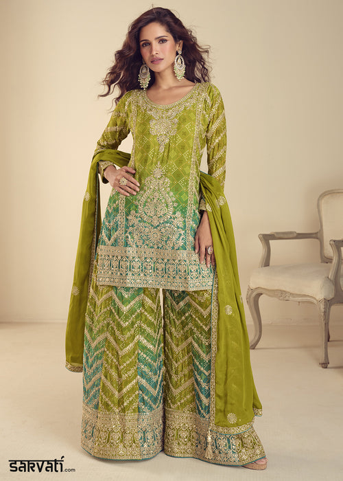 Avocado Green Chinon Silk Palazzo Suit with Exquisite Embroidery