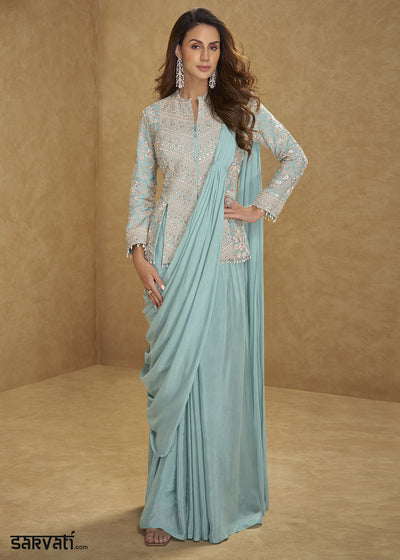 Greenish Blue Chinon Silk Saree Skirt & Embellished Jacket Set