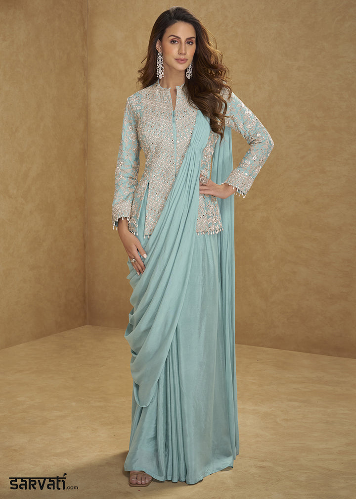 Greenish Blue Chinon Silk Saree Skirt & Embellished Jacket Set
