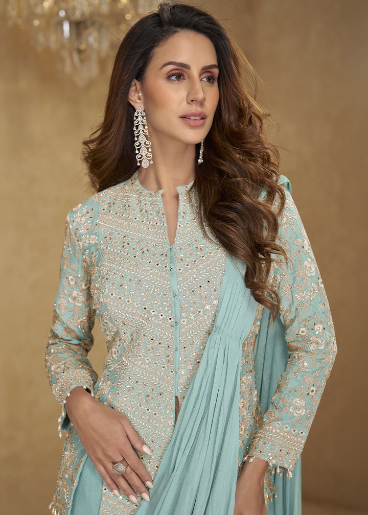 Greenish Blue Chinon Silk Saree Skirt & Embellished Jacket Set