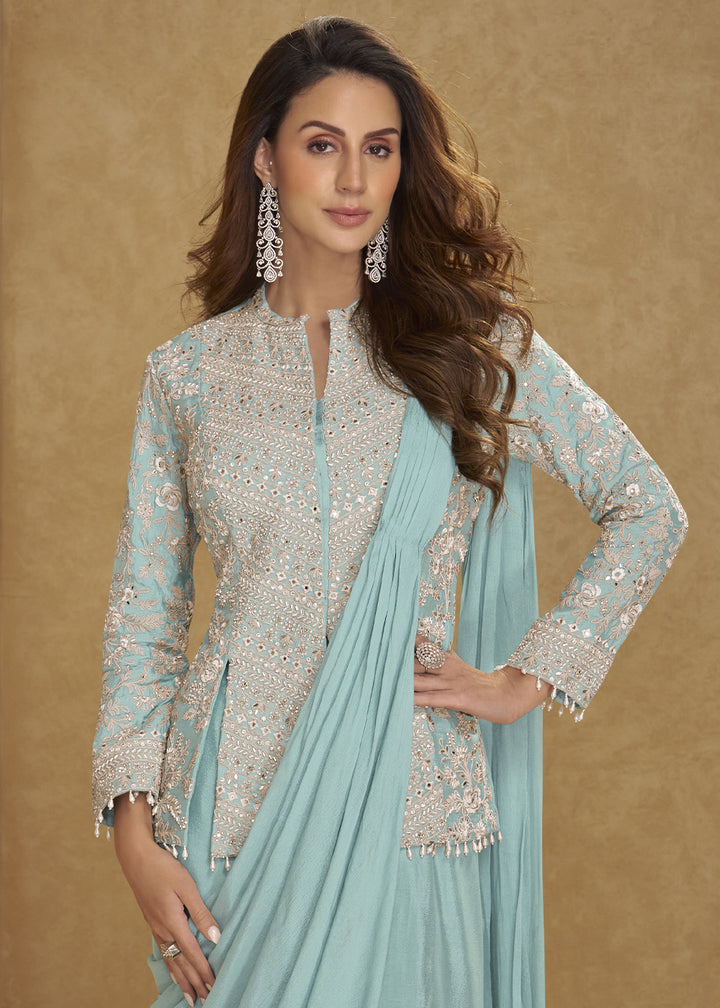 Greenish Blue Chinon Silk Saree Skirt & Embellished Jacket Set