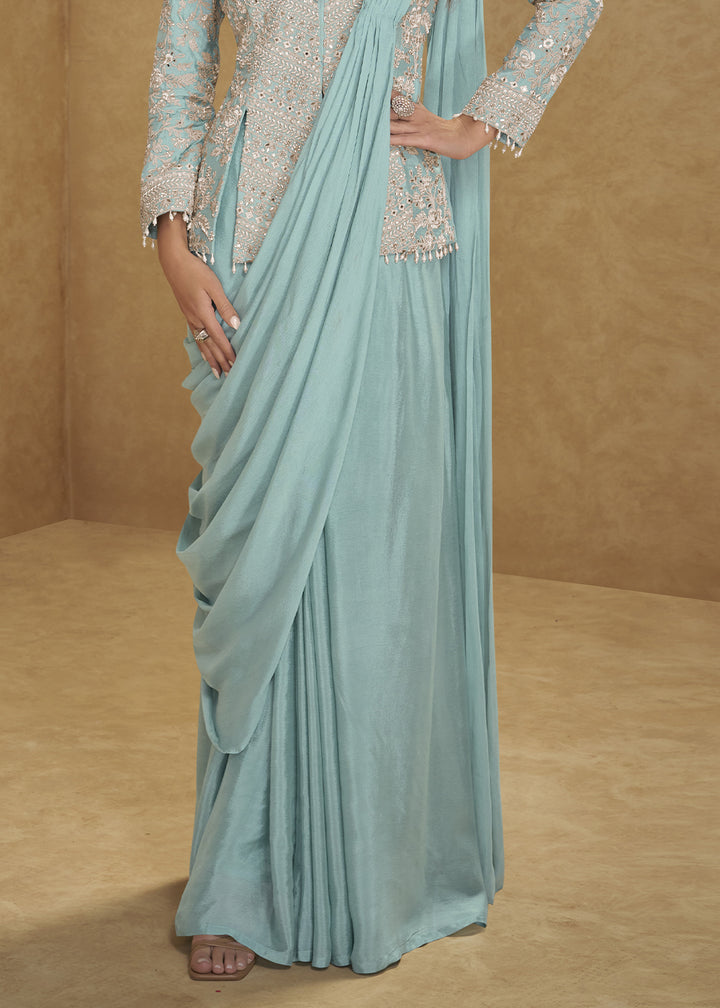 Greenish Blue Chinon Silk Saree Skirt & Embellished Jacket Set