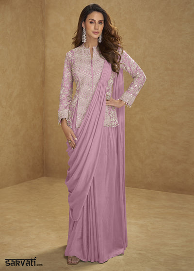 Lilac Purple Chinon Silk Saree Skirt & Embellished Jacket Set
