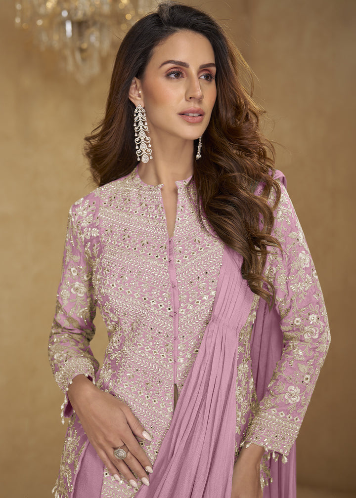 Lilac Purple Chinon Silk Saree Skirt & Embellished Jacket Set