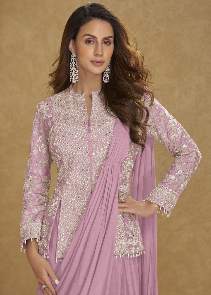 Lilac Purple Chinon Silk Saree Skirt & Embellished Jacket Set