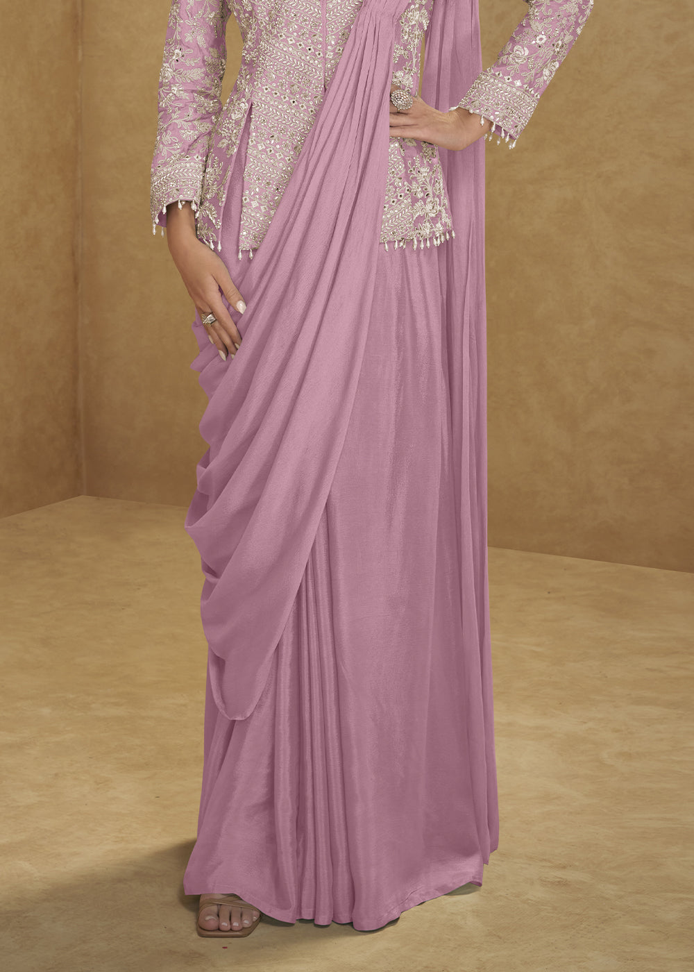 Lilac Purple Chinon Silk Saree Skirt & Embellished Jacket Set