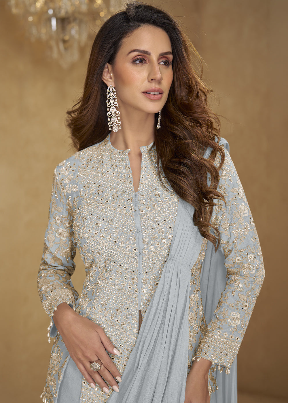 Cool Grey Chinon Silk Saree Skirt & Embellished Jacket Set