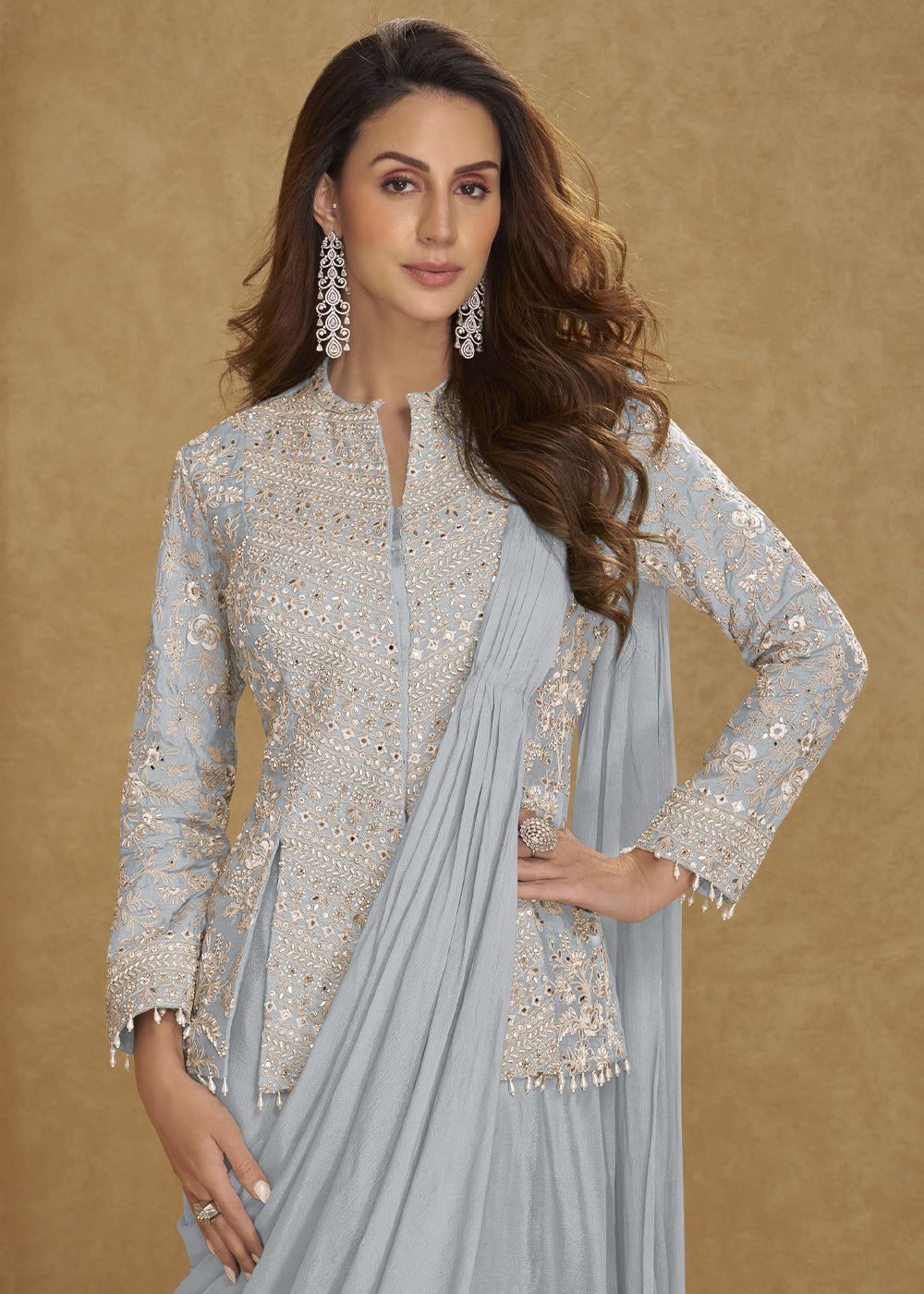 Cool Grey Chinon Silk Saree Skirt & Embellished Jacket Set