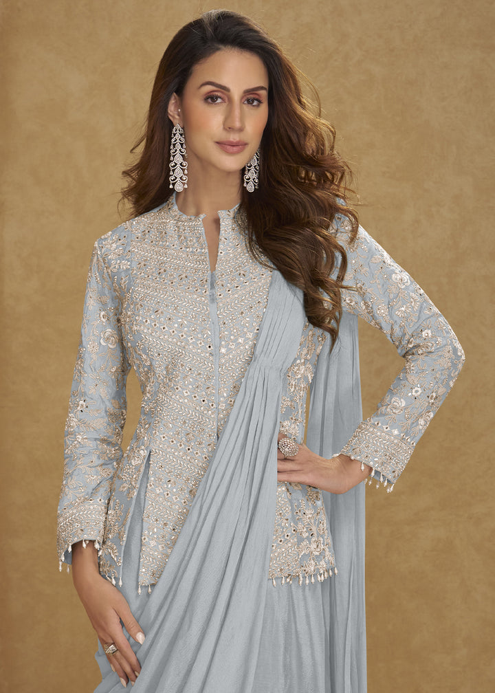 Cool Grey Chinon Silk Saree Skirt & Embellished Jacket Set