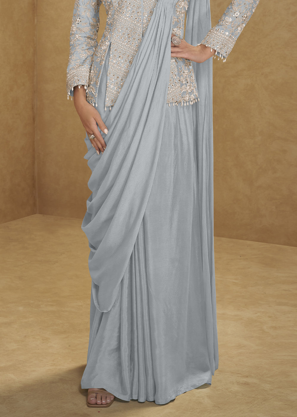 Cool Grey Chinon Silk Saree Skirt & Embellished Jacket Set