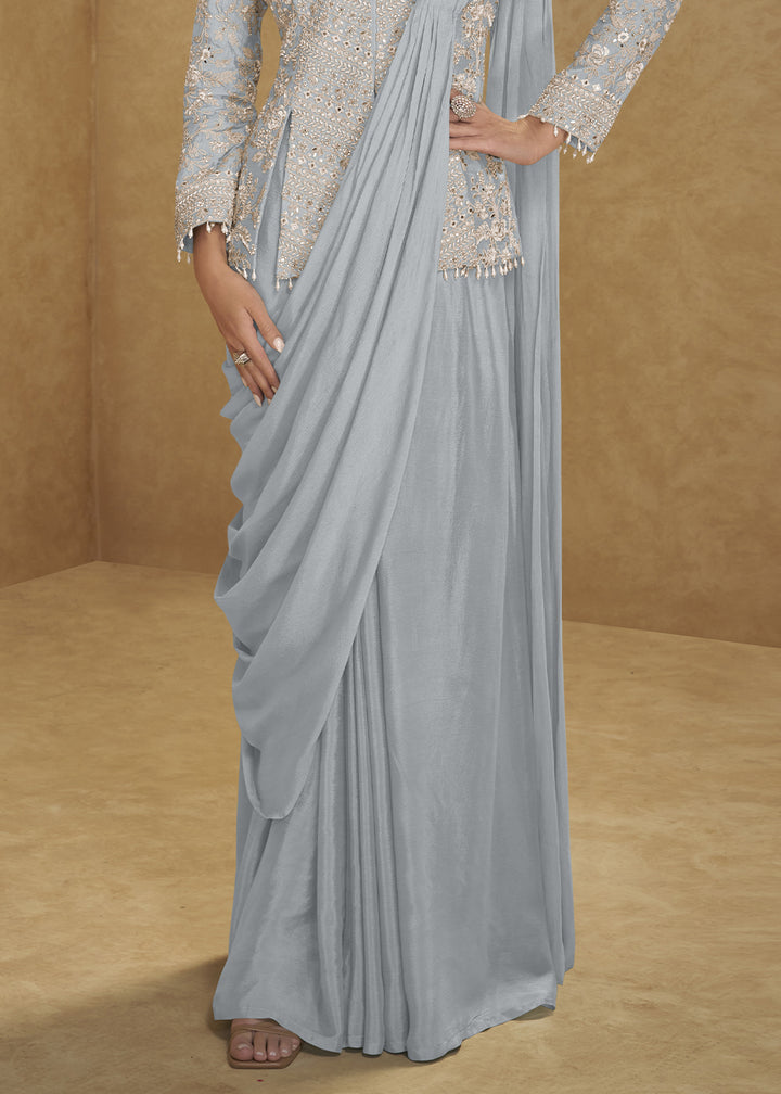 Cool Grey Chinon Silk Saree Skirt & Embellished Jacket Set
