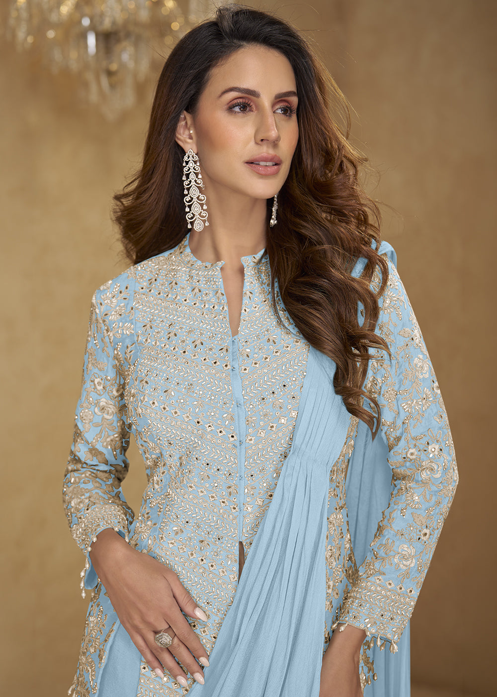 Baby Blue Chinon Silk Saree Skirt & Embellished Jacket Set