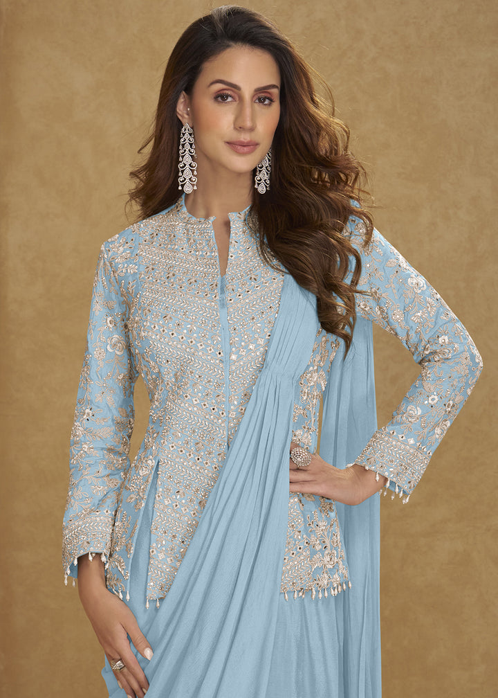 Baby Blue Chinon Silk Saree Skirt & Embellished Jacket Set