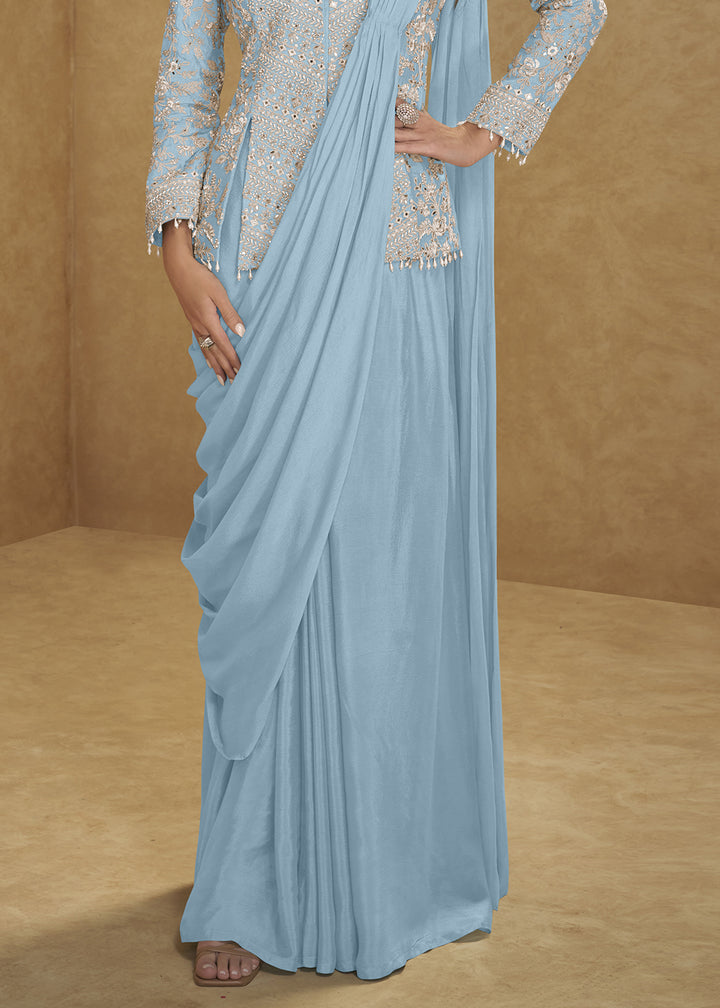 Baby Blue Chinon Silk Saree Skirt & Embellished Jacket Set