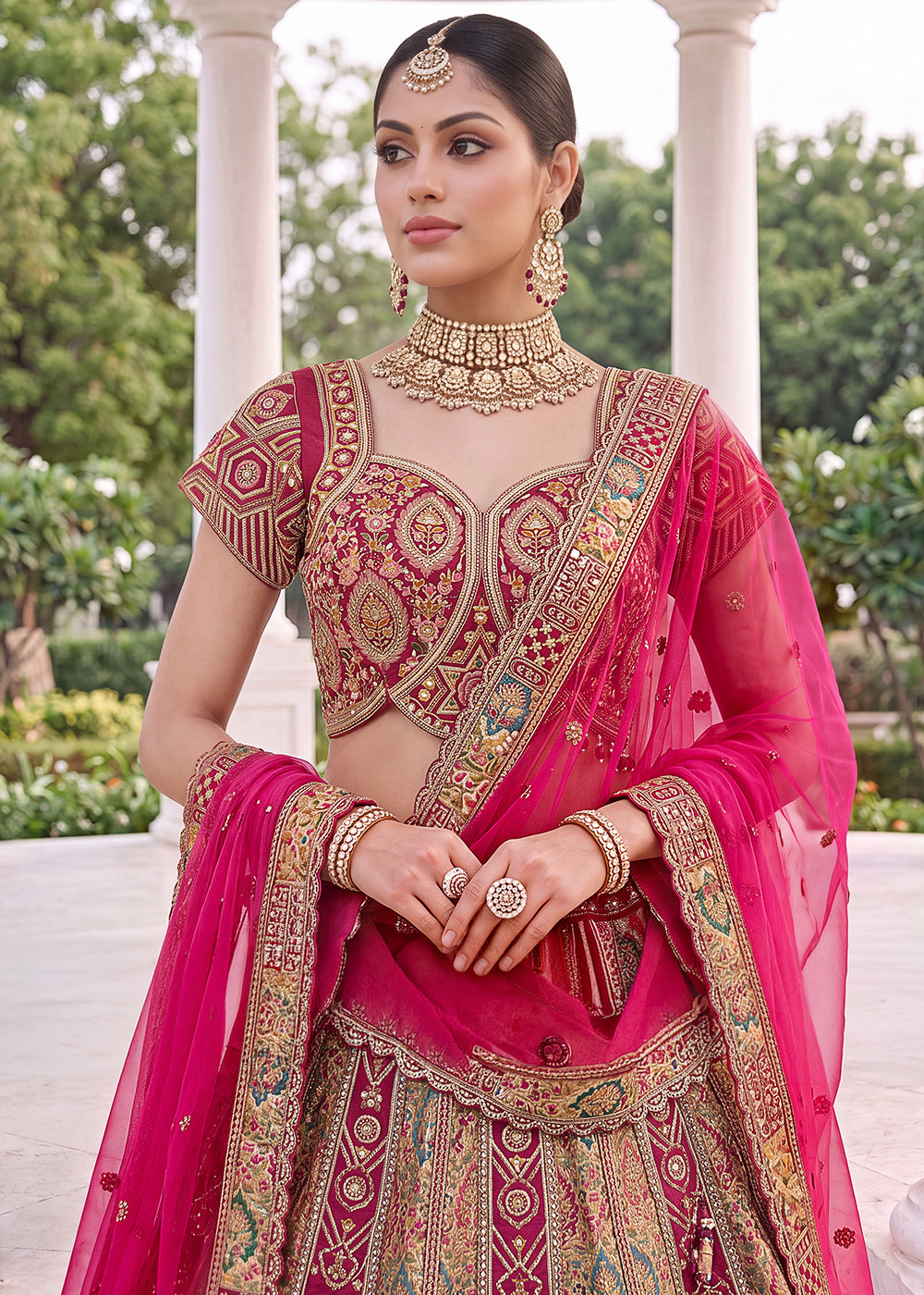 Magenta Pink Banarasi Silk Bridal Lehenga Choli with Intricate Resham &amp; Zari Detailing