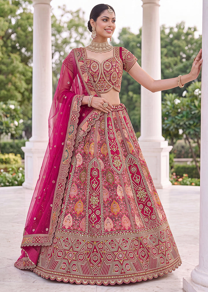 Cerise Pink Pink Banarasi Silk Bridal Lehenga Choli with Intricate Resham &amp; Zari Detailing