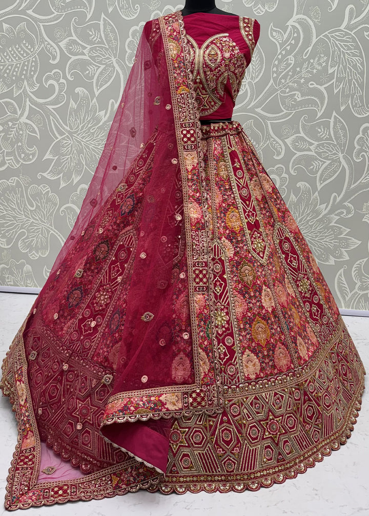 Cerise Pink Pink Banarasi Silk Bridal Lehenga Choli with Intricate Resham &amp; Zari Detailing