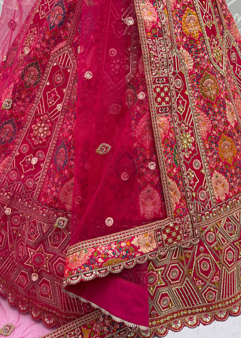 Cerise Pink Pink Banarasi Silk Bridal Lehenga Choli with Intricate Resham &amp; Zari Detailing