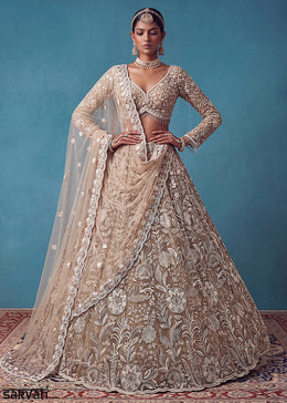 Light Brown Premium Net Lehenga Choli with Floral Handcrafted Embroidery, Crystal & Sequin Embellishments