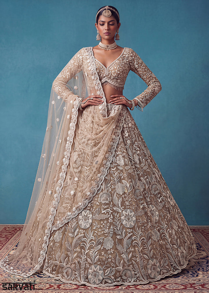 Light Brown Premium Net Lehenga Choli with Floral Handcrafted Embroidery, Crystal &amp; Sequin Embellishments