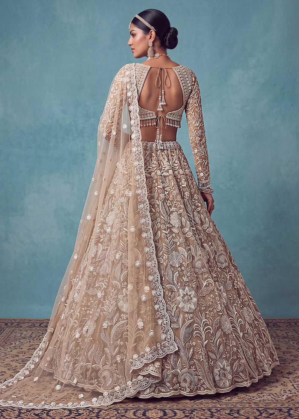 Light Brown Premium Net Lehenga Choli with Floral Handcrafted Embroidery, Crystal &amp; Sequin Embellishments