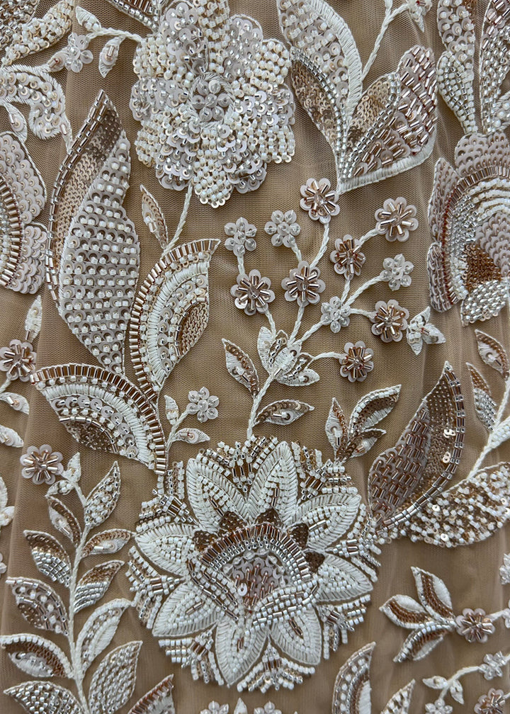 Light Brown Premium Net Lehenga Choli with Floral Handcrafted Embroidery, Crystal &amp; Sequin Embellishments