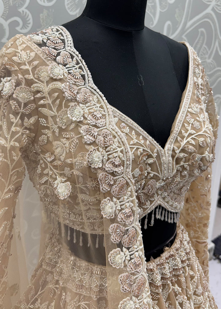 Light Brown Premium Net Lehenga Choli with Floral Handcrafted Embroidery, Crystal &amp; Sequin Embellishments