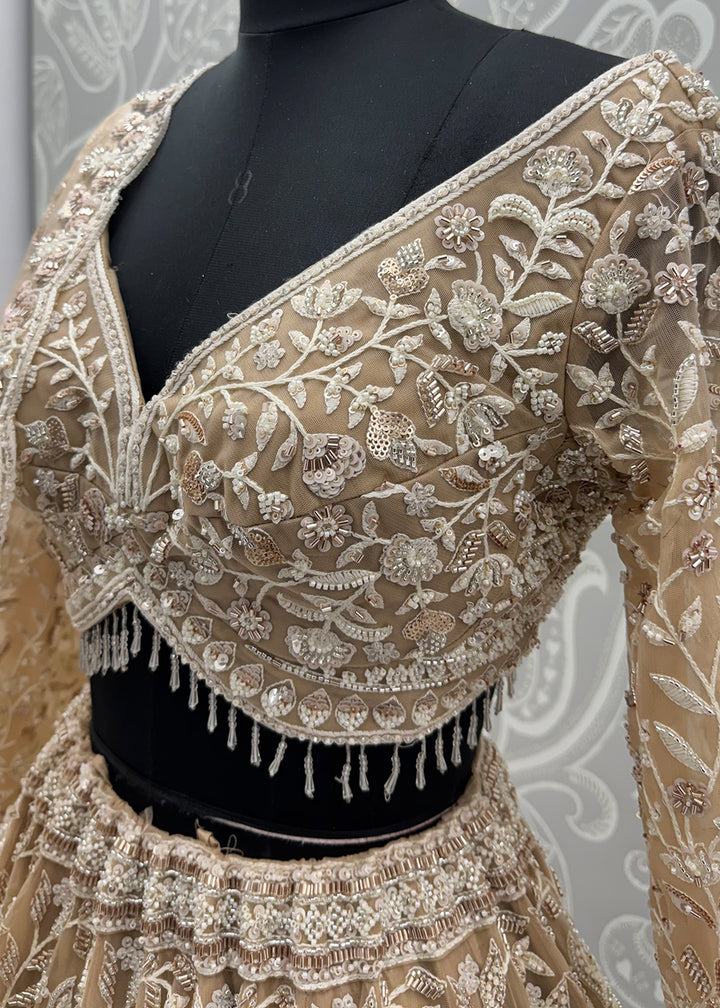 Light Brown Premium Net Lehenga Choli with Floral Handcrafted Embroidery, Crystal &amp; Sequin Embellishments