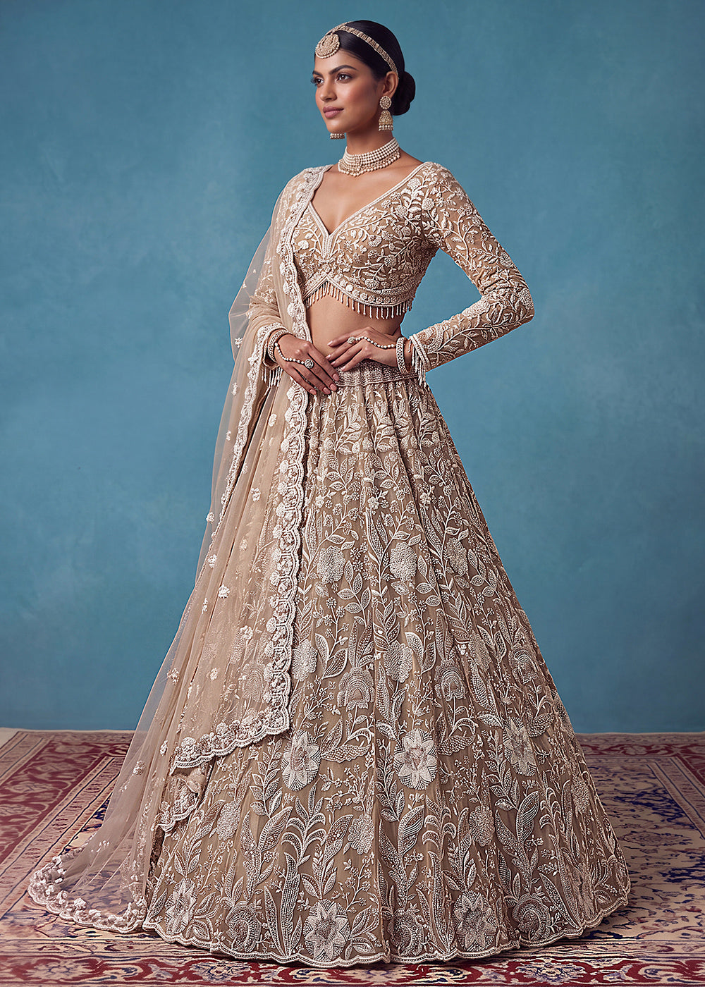 Light Brown Premium Net Lehenga Choli with Floral Handcrafted Embroidery, Crystal &amp; Sequin Embellishments