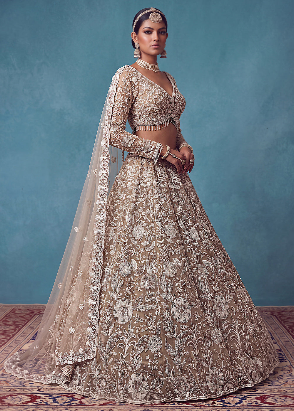 Light Brown Premium Net Lehenga Choli with Floral Handcrafted Embroidery, Crystal &amp; Sequin Embellishments