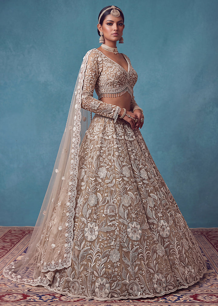 Light Brown Premium Net Lehenga Choli with Floral Handcrafted Embroidery, Crystal &amp; Sequin Embellishments