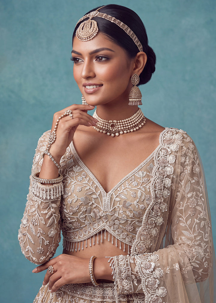 Light Brown Premium Net Lehenga Choli with Floral Handcrafted Embroidery, Crystal &amp; Sequin Embellishments
