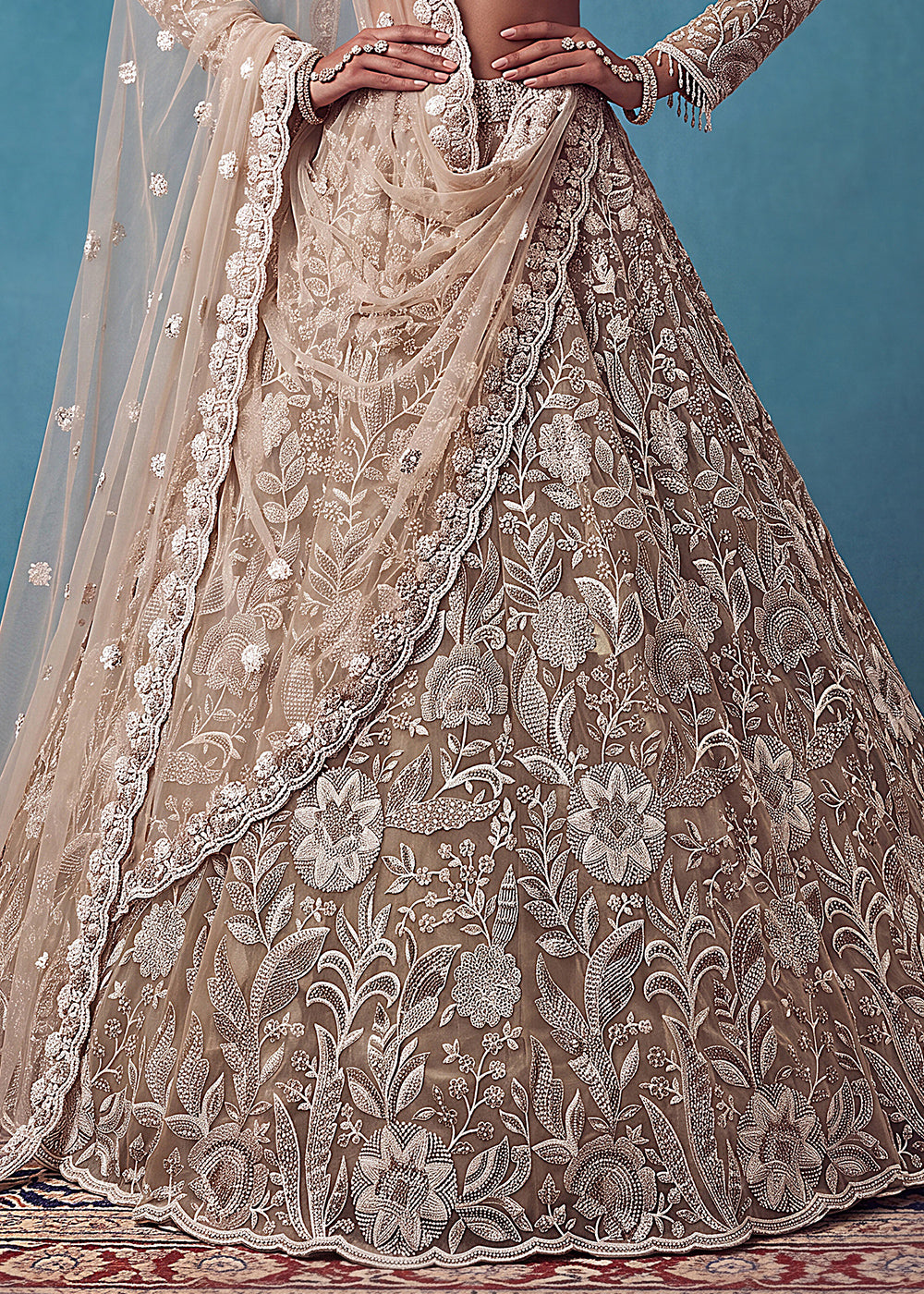 Light Brown Premium Net Lehenga Choli with Floral Handcrafted Embroidery, Crystal &amp; Sequin Embellishments