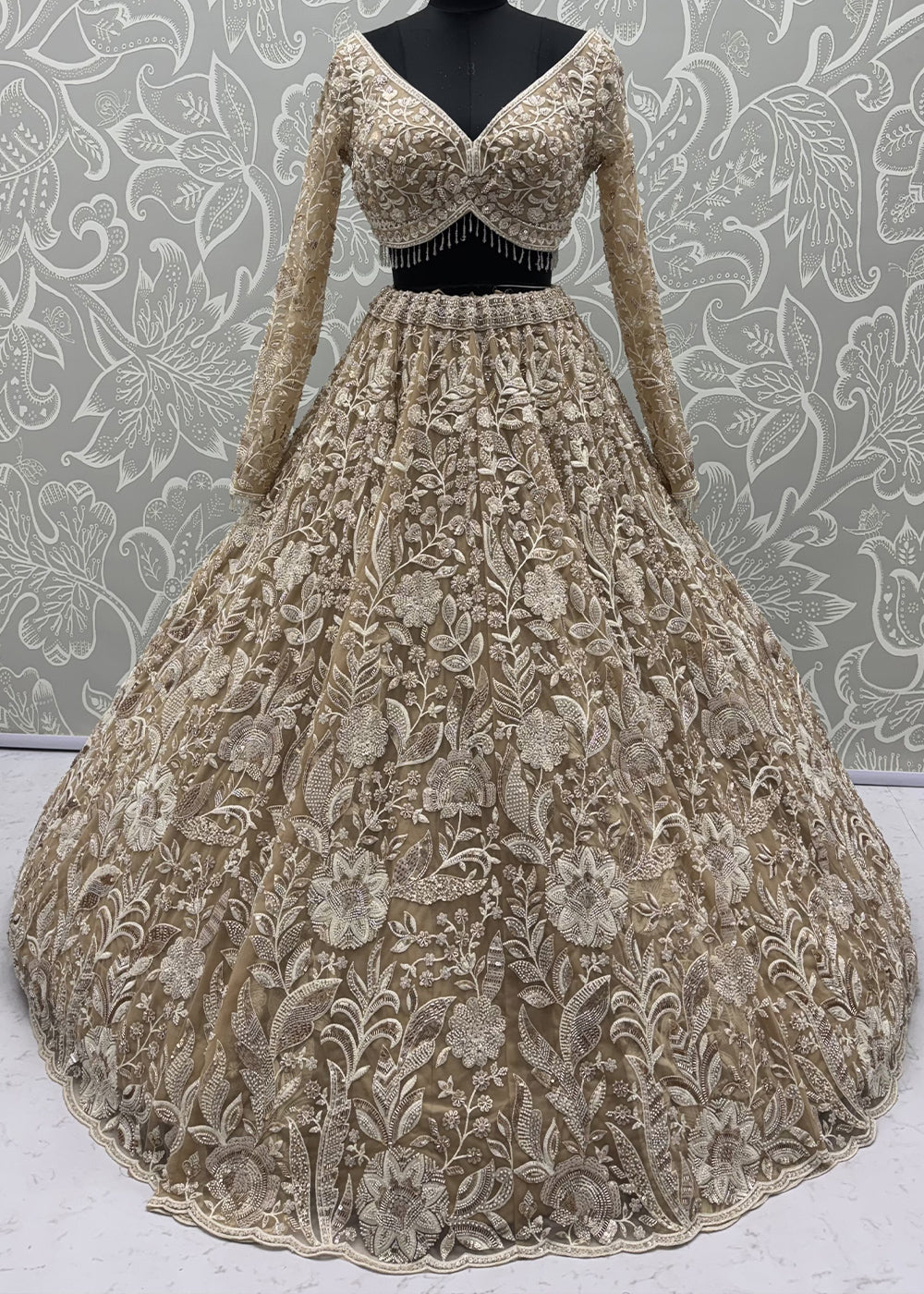 Light Brown Premium Net Lehenga Choli with Floral Handcrafted Embroidery, Crystal &amp; Sequin Embellishments