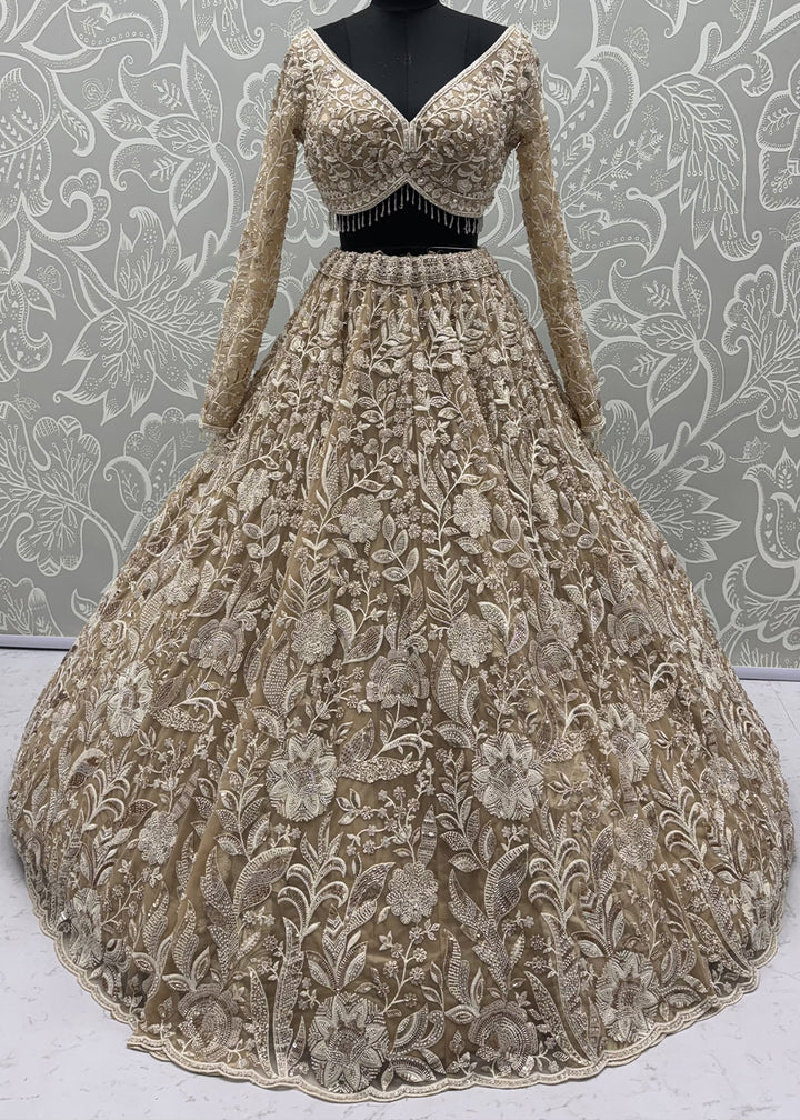 Light Brown Premium Net Lehenga Choli with Floral Handcrafted Embroidery, Crystal &amp; Sequin Embellishments