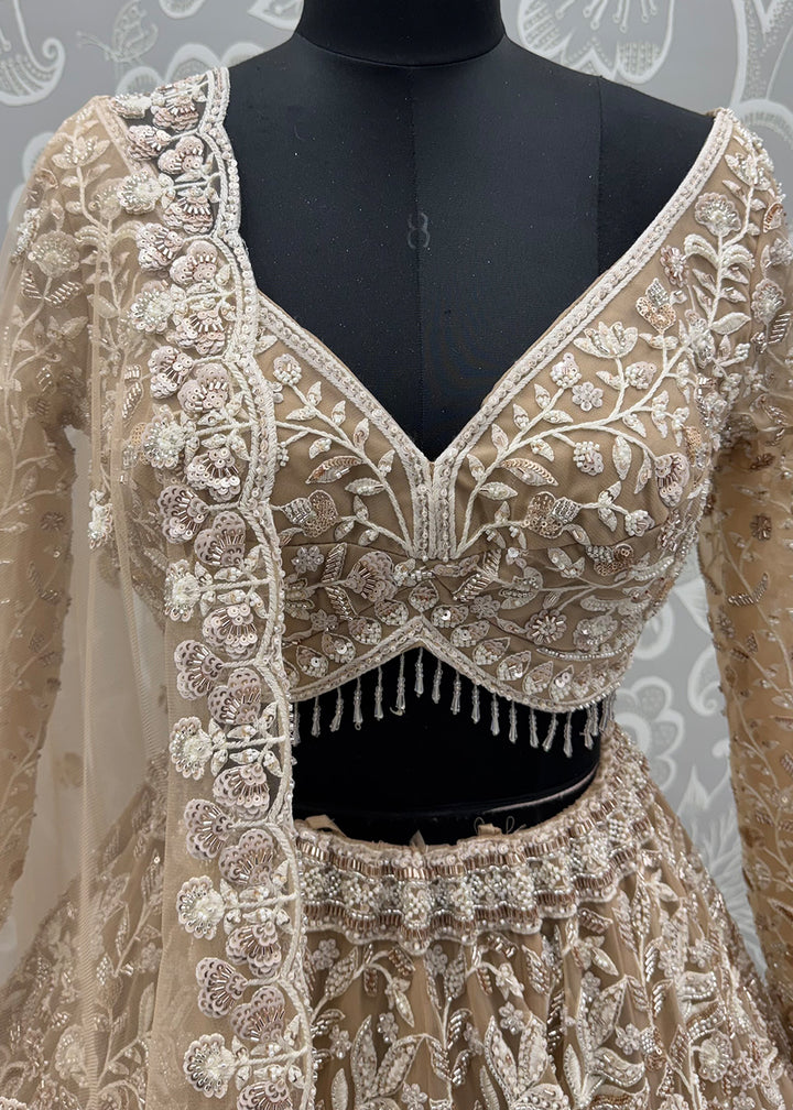 Light Brown Premium Net Lehenga Choli with Floral Handcrafted Embroidery, Crystal &amp; Sequin Embellishments