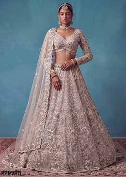 Cream & Pink Premium Net Lehenga Choli with Floral Handcrafted Embroidery, Crystal & Sequin Embellishments