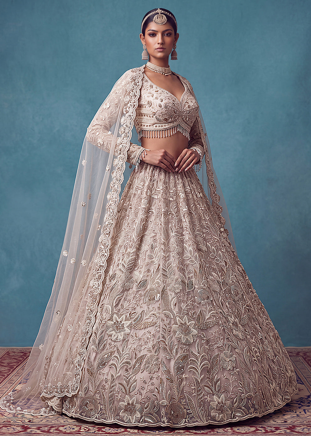 Cream &amp; Pink Premium Net Lehenga Choli with Floral Handcrafted Embroidery, Crystal &amp; Sequin Embellishments