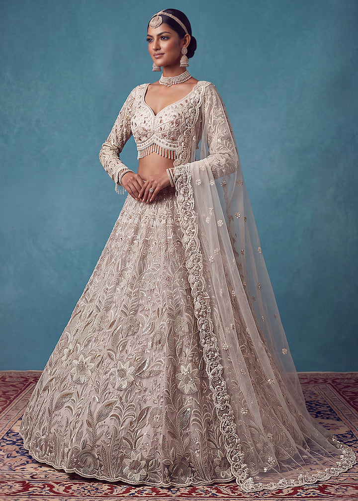 Cream &amp; Pink Premium Net Lehenga Choli with Floral Handcrafted Embroidery, Crystal &amp; Sequin Embellishments