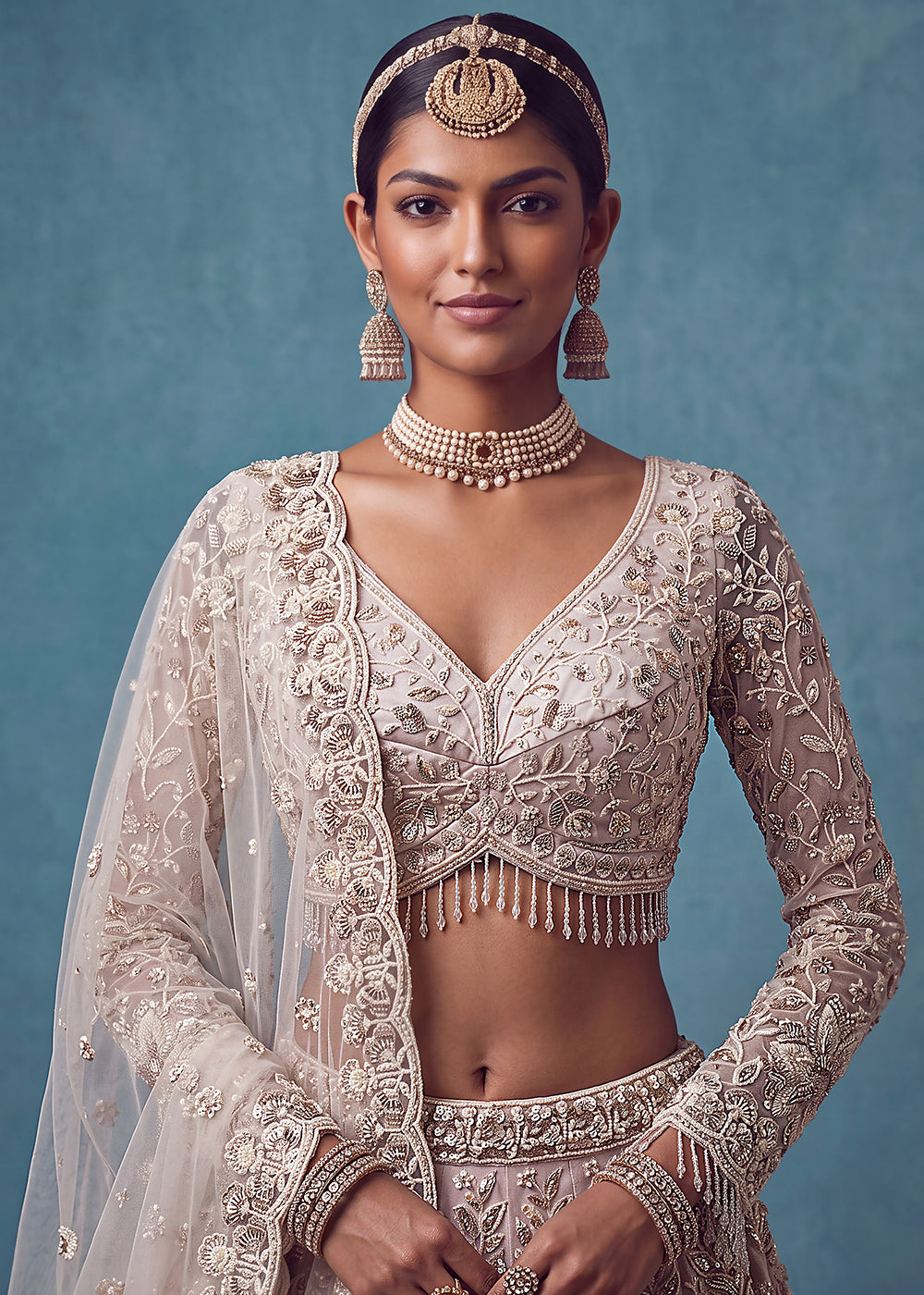 Cream &amp; Pink Premium Net Lehenga Choli with Floral Handcrafted Embroidery, Crystal &amp; Sequin Embellishments